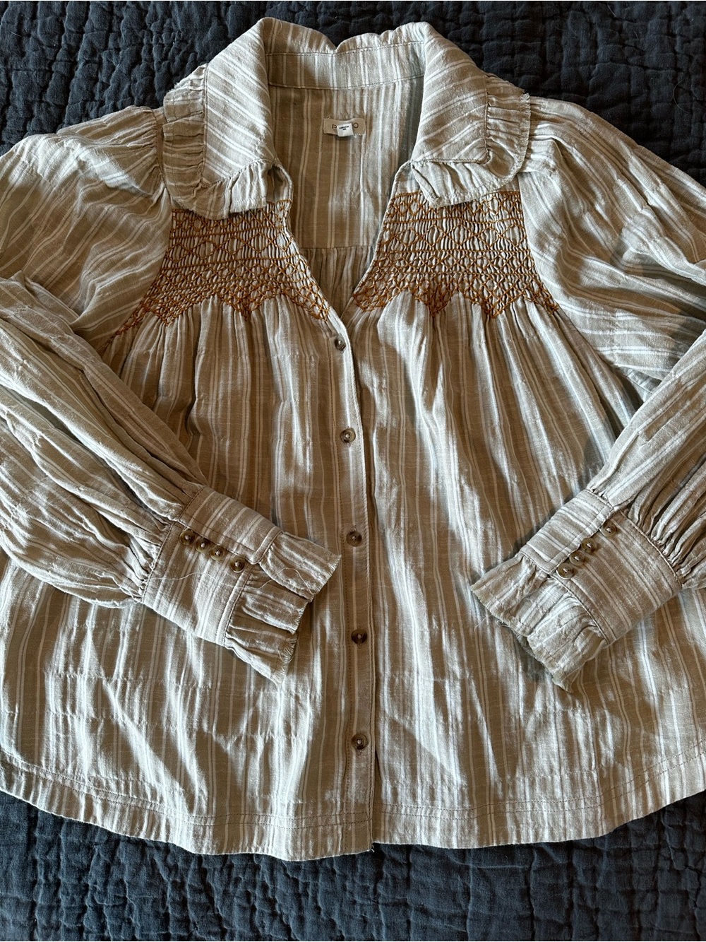 Pilcro Beige Striped Smocked Yoke Button-Front Top
